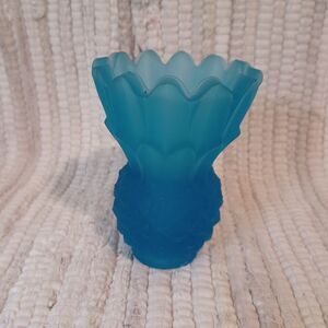 Satin Glass Blue Pineapple Vase Vintage Frosted  4"